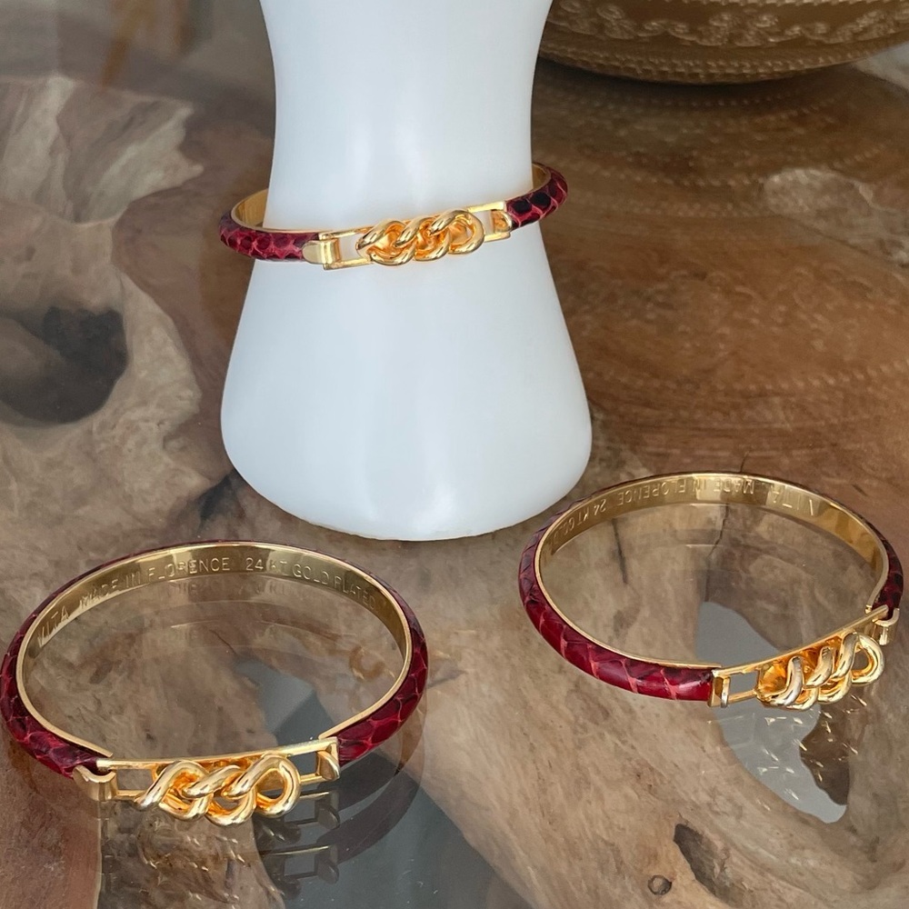 24k Gold Plated Vita Set Florence Italy red leather band Bracelet 3 Bracelets